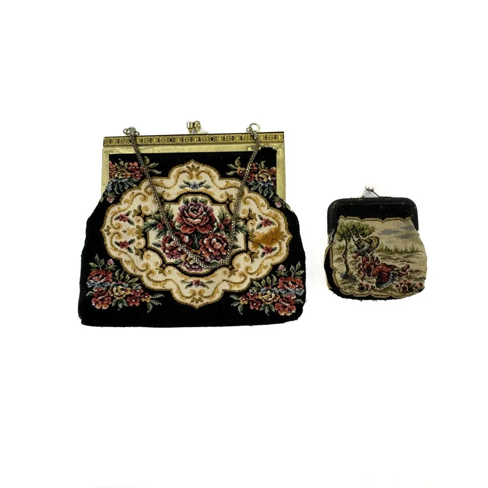Vintage Floral Tapestry Handbag and Scenic Coin Purse Set Black Gold Kiss Lock